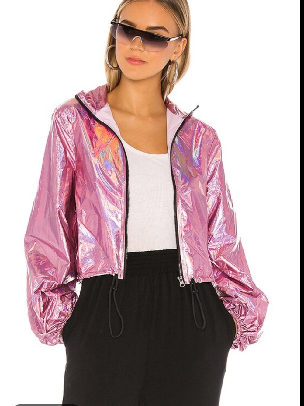 superdown Iridescent Pink Cropped Zip Bomber Jacket